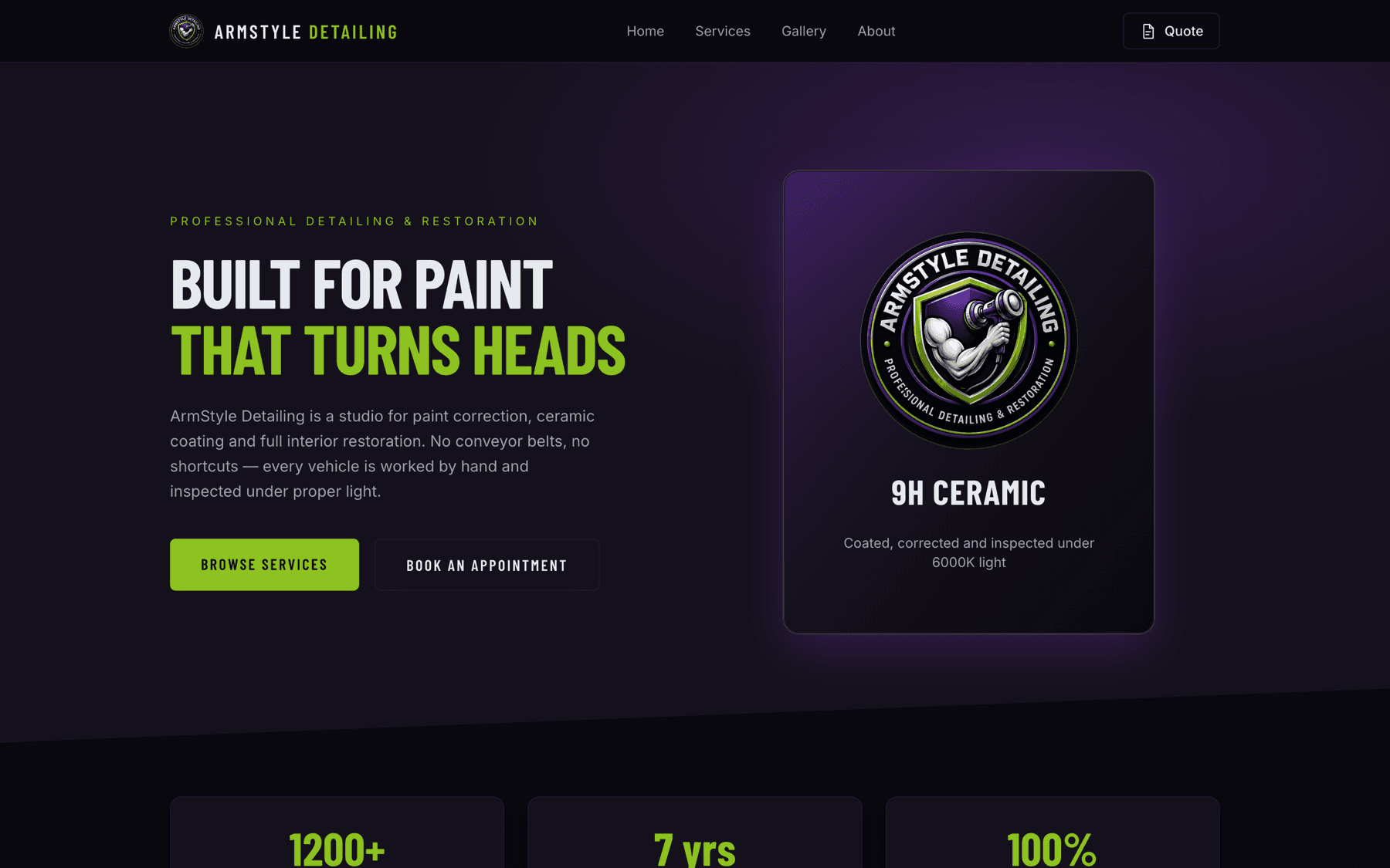 ArmStyle Detailing home page: a dark violet-black layout with condensed display type and a lime call to action.
