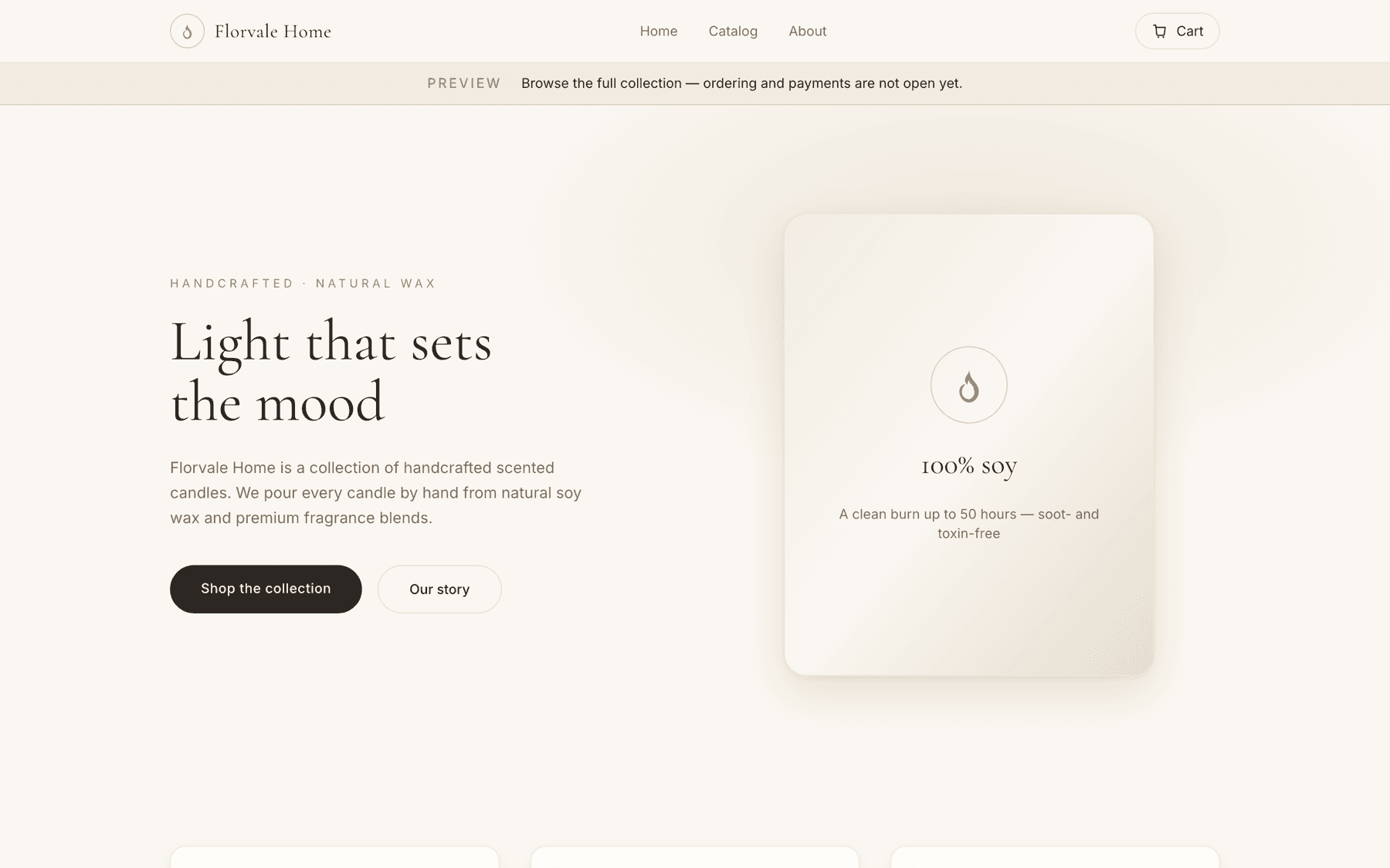 Florvale Home landing page: a cream layout with the serif headline “Light that sets the mood” beside a product card.