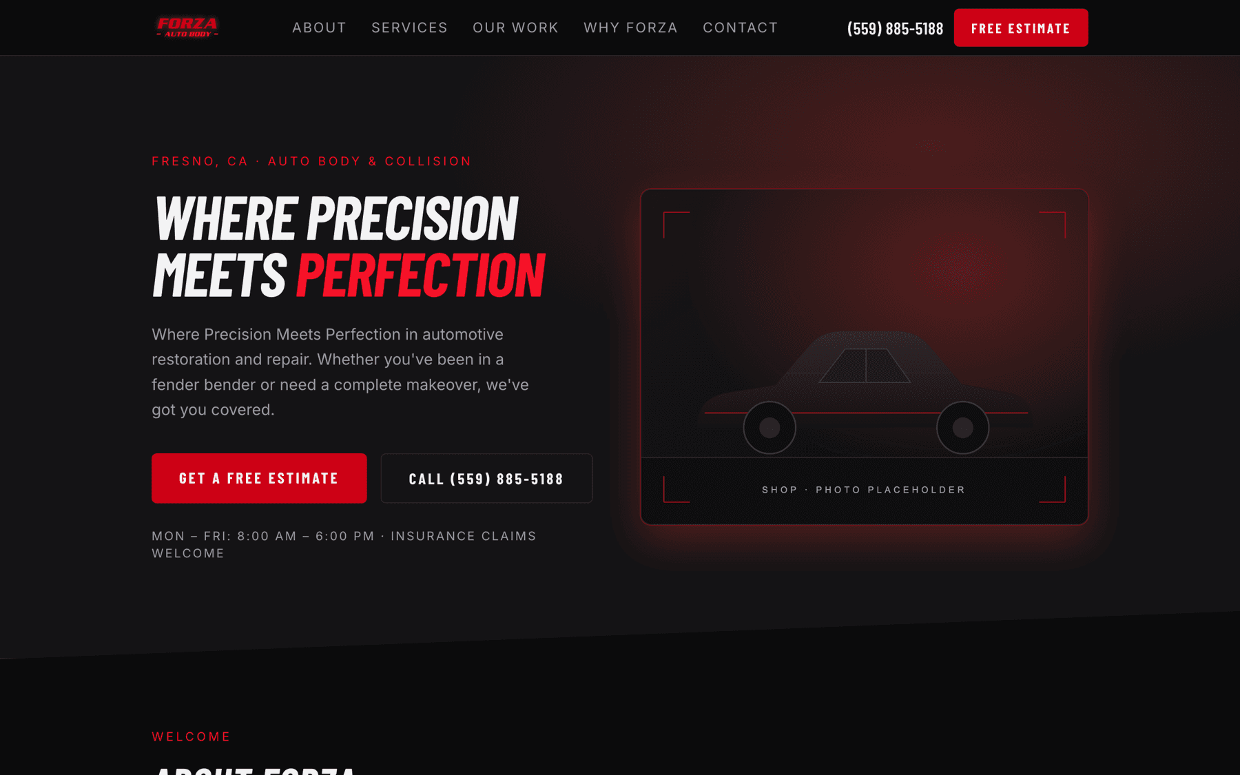 Forza Auto Body home page: a near-black layout with the italic condensed headline “Where precision meets perfection” in white and red.