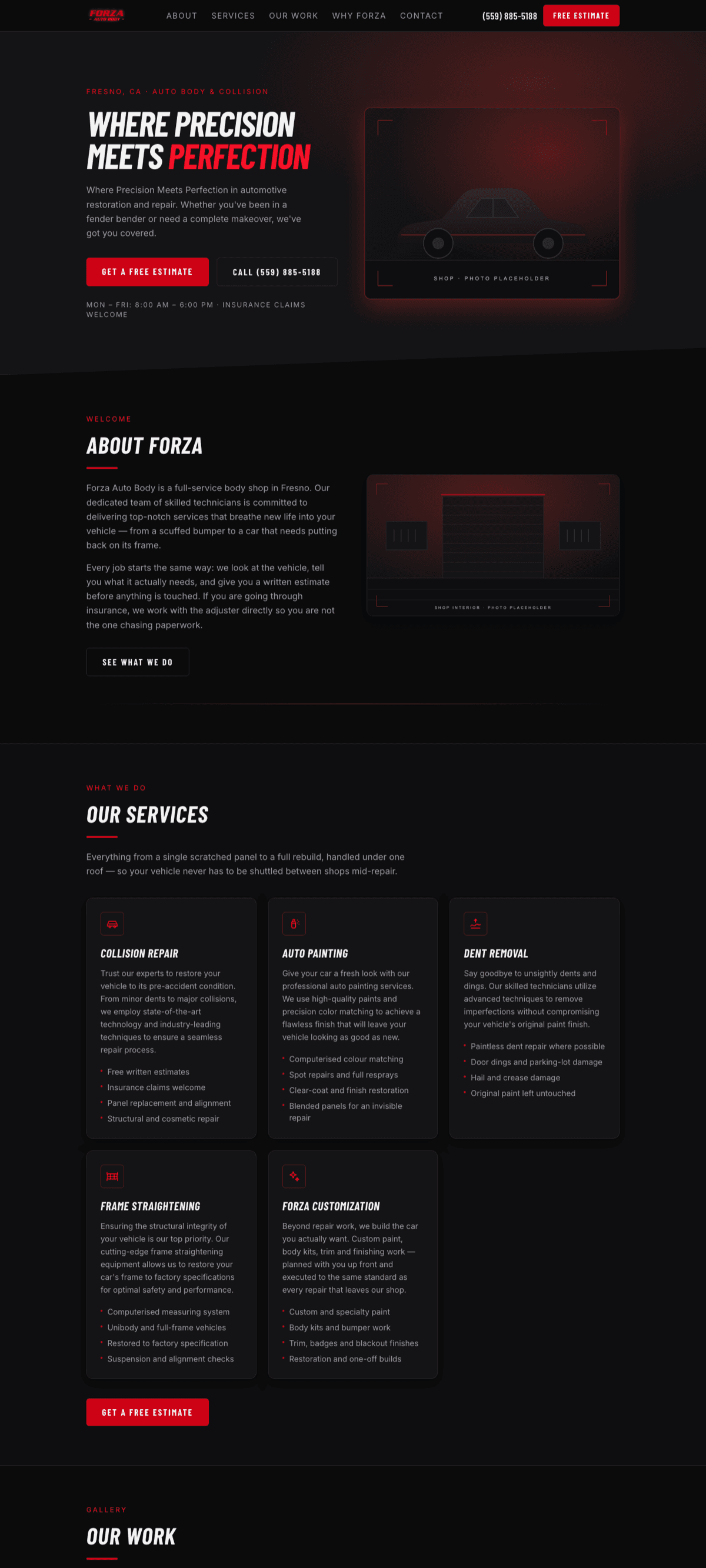 The full Forza Auto Body page scrolled out: hero, about, services, work gallery, reasons to choose the shop and the estimate form.