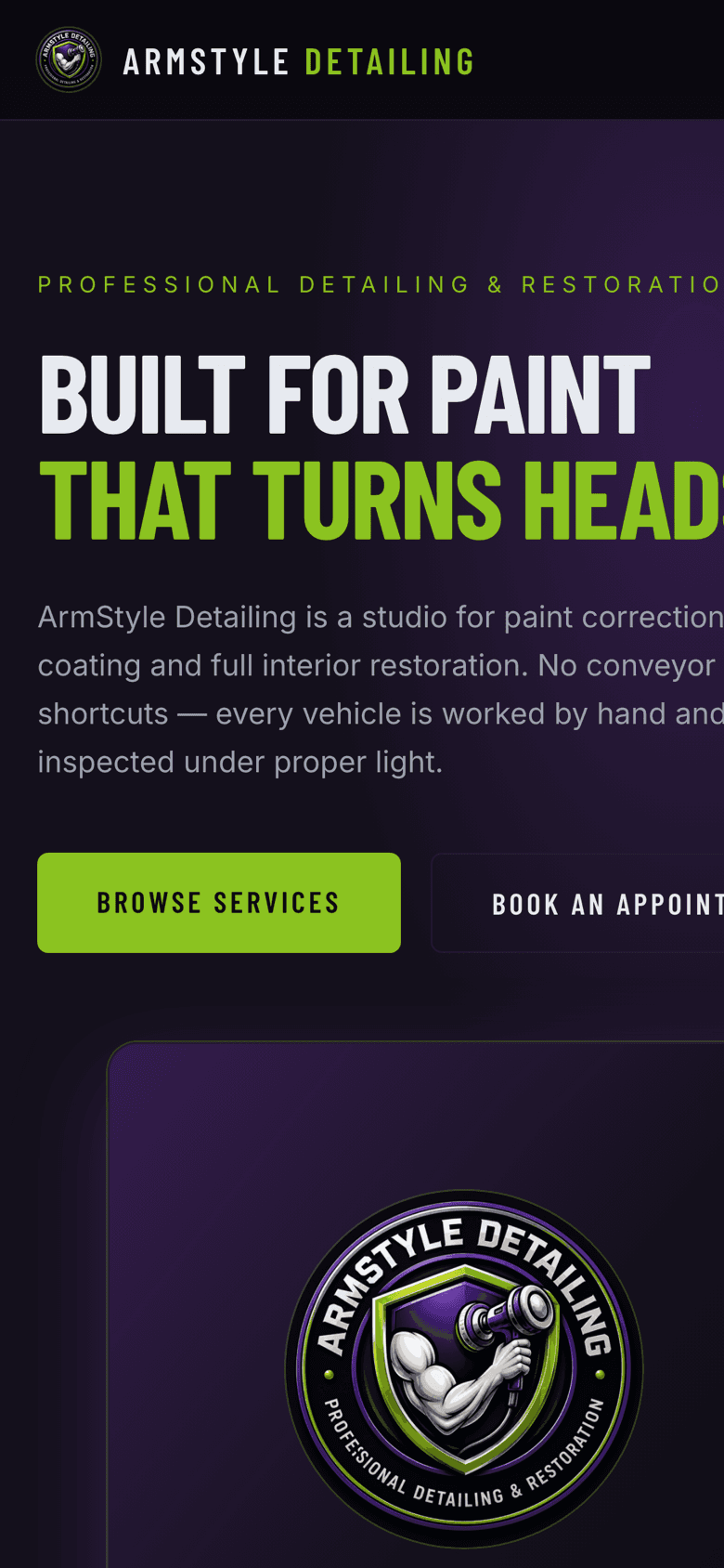 ArmStyle Detailing on a phone with the condensed headline and lime button stacked.