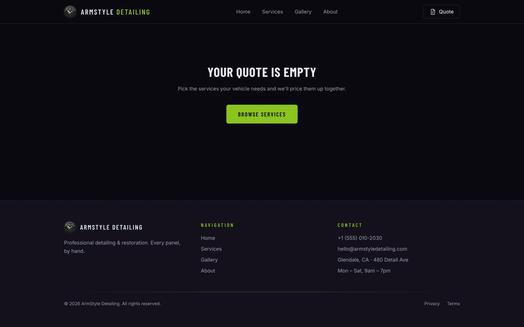 The ArmStyle quote builder listing selected services with a running total.