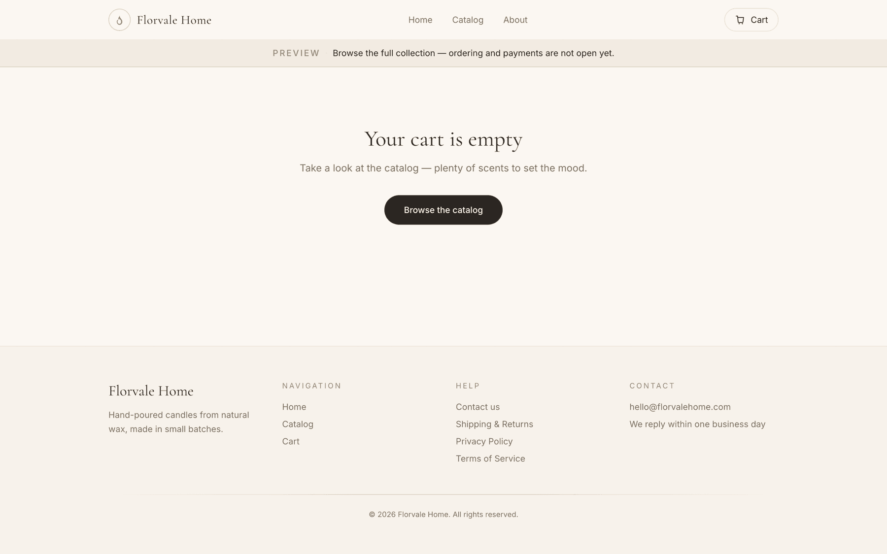 The Florvale Home cart with quantity controls and a live total.