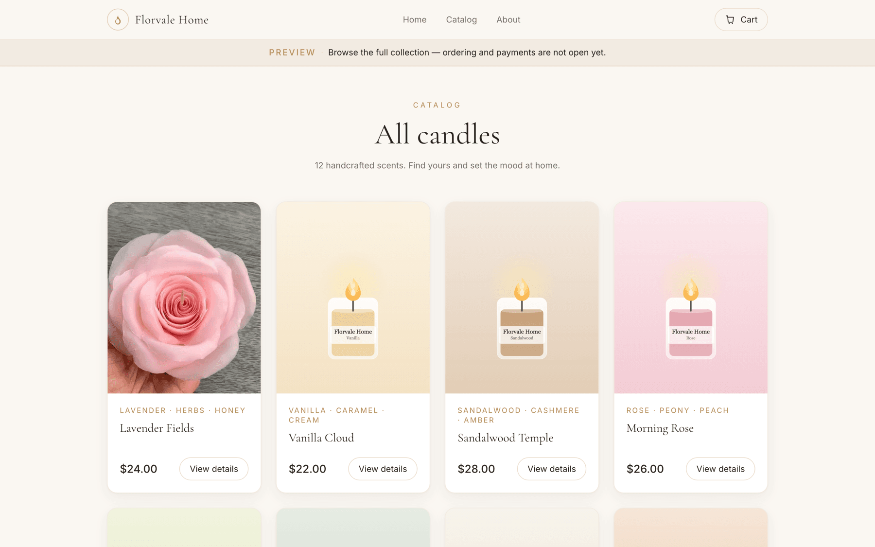 The Florvale Home catalogue: a grid of twelve candle cards with names and prices on a cream background.