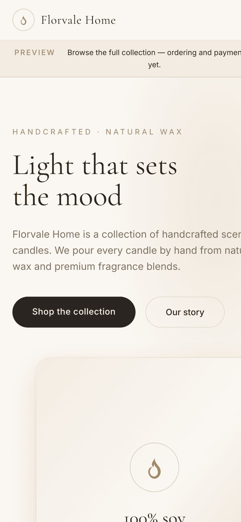 Florvale Home on a phone: the hero headline stacked above the product card.