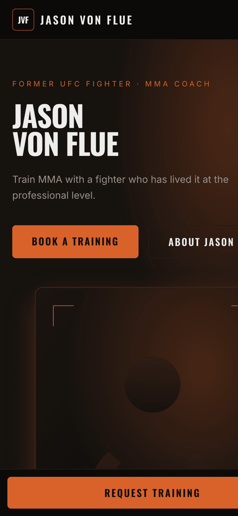 The Jason Von Flue site on a phone with a sticky booking button pinned to the bottom of the screen.