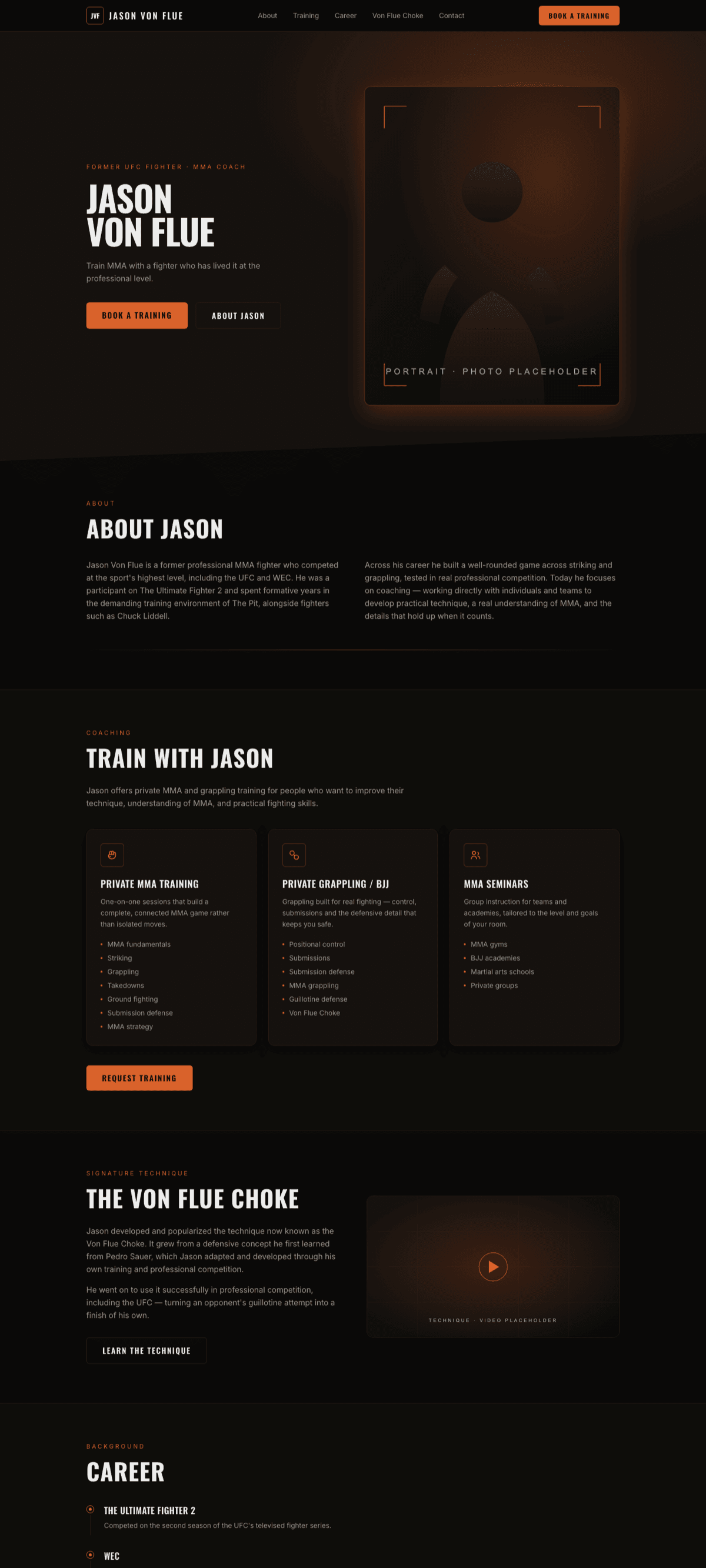 The full Jason Von Flue page scrolled out: hero, training options, the signature technique section, career timeline and booking form.
